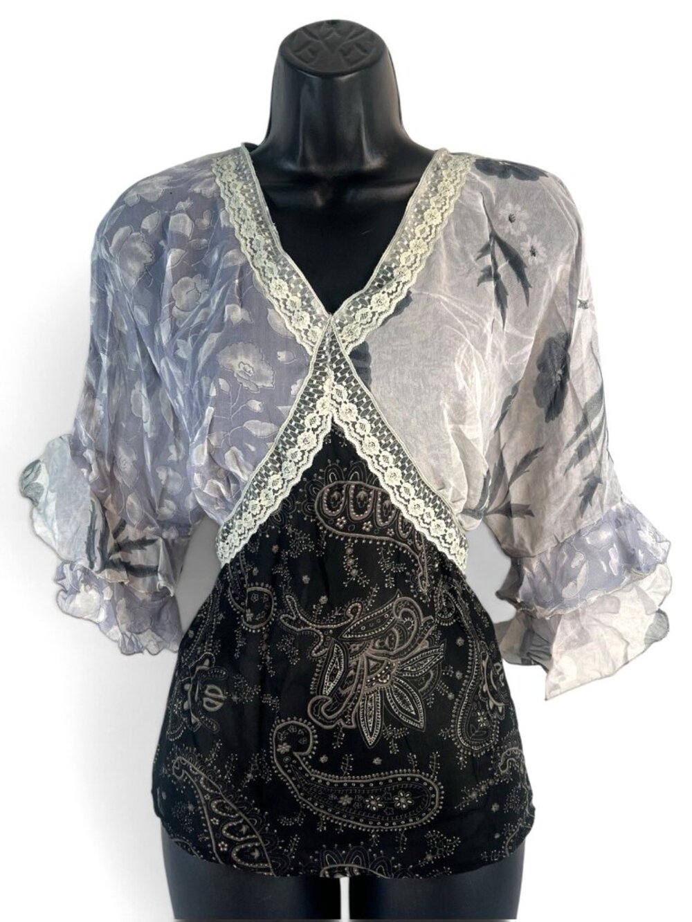 vtg y2k silk rayon tie back baby doll top black/grey sz 2XL w tag